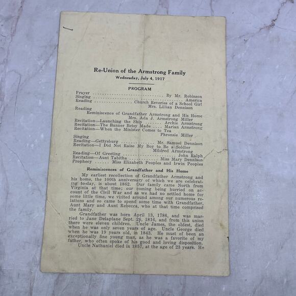 1913 Armstrong Family Reunion Program Archibald Armstrong Mt. Cuba D22
